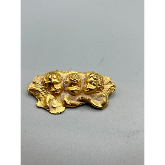 Vintage Pin Brooch La Rage Three Angels Cherubs in Clouds Gold Tone Angel Wings - Picture 2 of 9